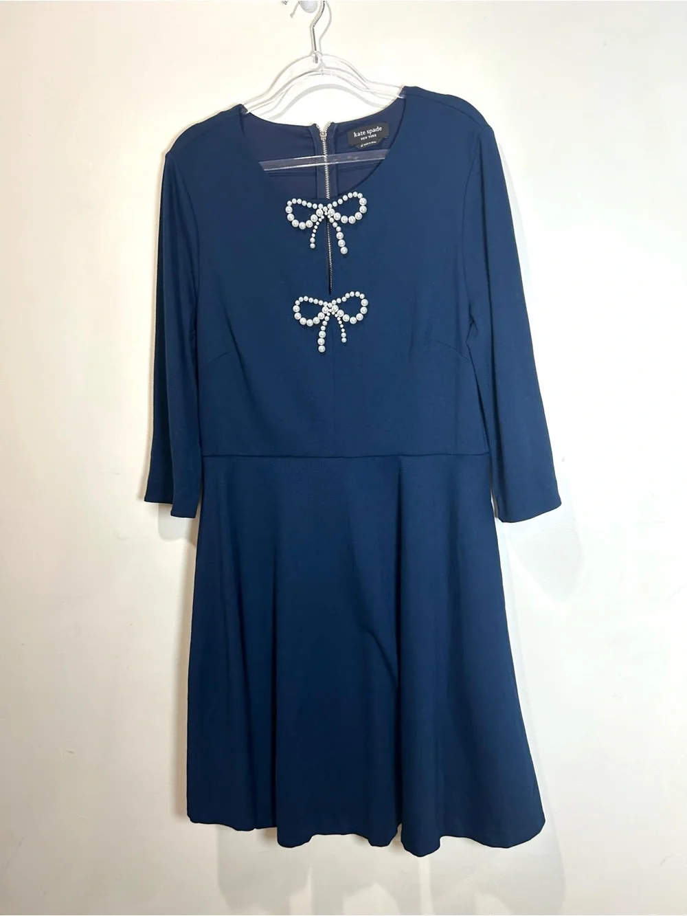 Kate Spade A-line Dress Pearl Bows Women’s XL Navy Blue Stretch Pockets Dressy